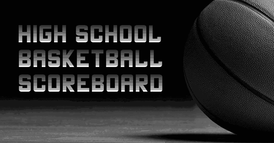 Basketball on the court in the background with the words high school basketball scoreboard on the left.